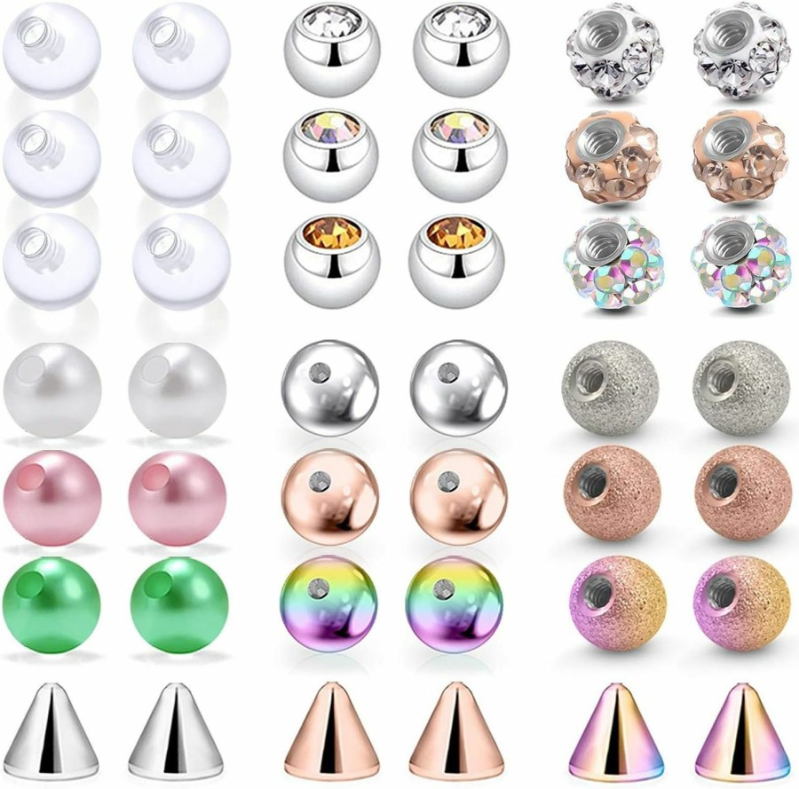 Ocptiy Ocptiy 14G Mix Color Replacement Balls Jewelry Piercing Stainless Steel & Clear Acrylic Barbell Parts For Industrial Barbell/Nipple Rings/Tongue Rings 42Pcs | Body Piercing Barbells