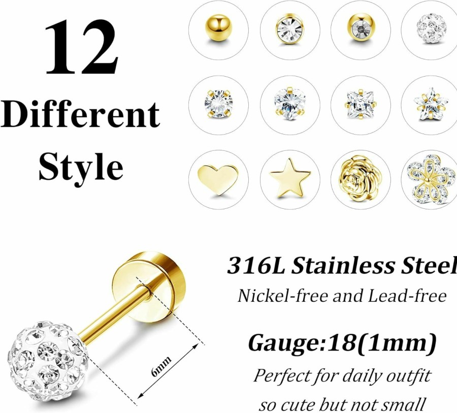 LOLIAS Lolias 12 Pairs 18G Barbell Stud Earrings For Men Women Stainless Steel Ball Cz Cartilage Helix Surgical Flatback Earrings Set | Body Piercing Barbells