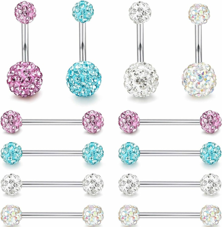 ORAZIO Orazio 14G Nipplerings Nipple Tongue Belly Button Rings Stainless Steel Rhinestone Crystal Disco Ball Barbell Body Piercing Jewelry | Body Piercing Barbells