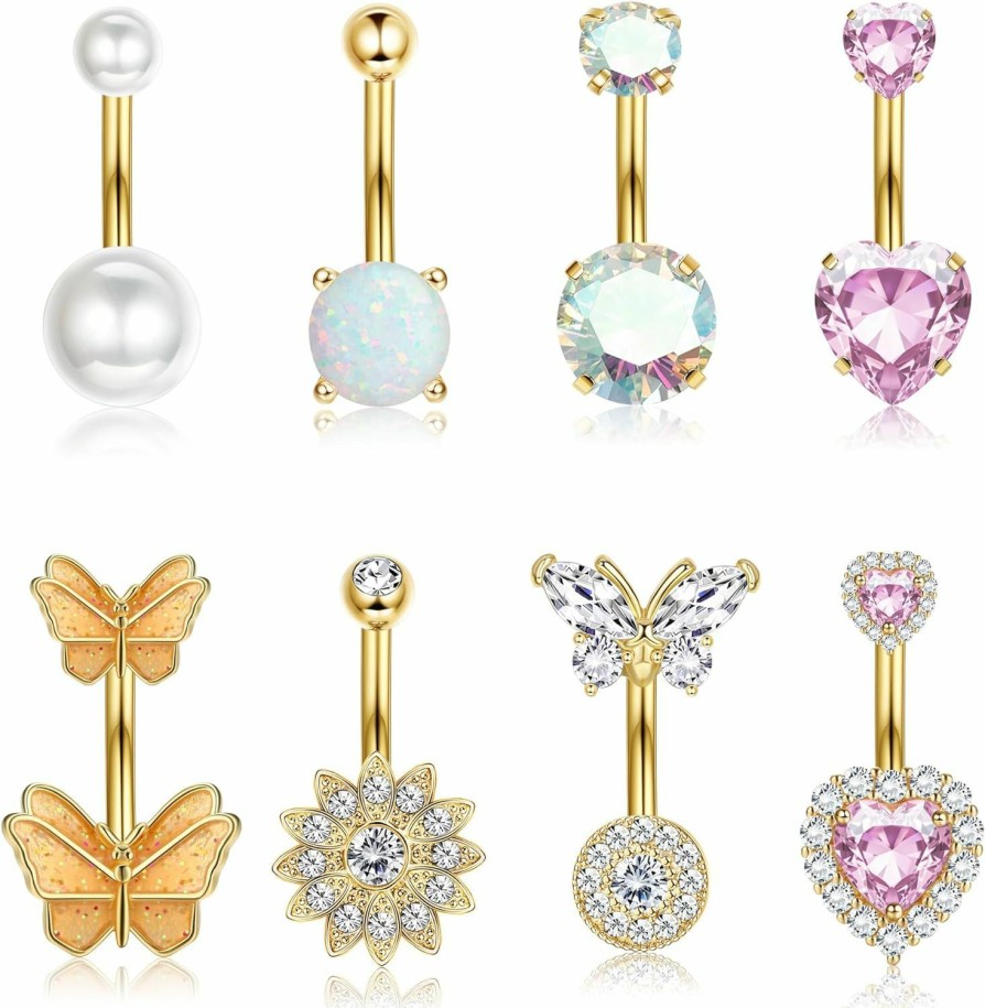 Dochais Dochais 8Pcs Belly Button Ring Surgical Stainless Steel Belly Button Rings For Women Cute Belly Button Ring Pink Belly Rings Butterfly Cubic Zirconia Heart Body Piercing Jewelry | Body Piercing Barbells