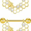 FLOGWE Flogwe Bee Nipple Rings 14G Surgical Steel 316L 2Pcs Honeycomb Nipple Barbells Pearl Nipple Rings Body Piercing Jewelry For Women… | Body Piercing Barbells