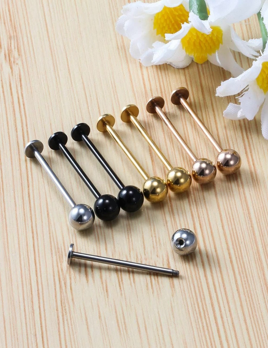 Kridzisw Kridzisw 14G Cheek Dimple Piercing Jewelry Flat Tongue Ring 316L Stainless Steel Long Bar Lip Labret Cheek Tongue Rings Barbell Piercing Jewelry 4Mm 5Mm Balls 14Mm 16Mm 19Mm Bar Length 8Pcs | Body Piercing Barbells