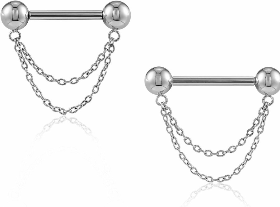 FINE4U Fine4U 1 Pair Nipple Rings Titanium 14G 12Mm 14Mm 16Mm - Astm F136 Titanium Nipple Piercing Jewelry, Push In Straight Barbell With Chain, Threadless Nipple Bars | Body Piercing Barbells