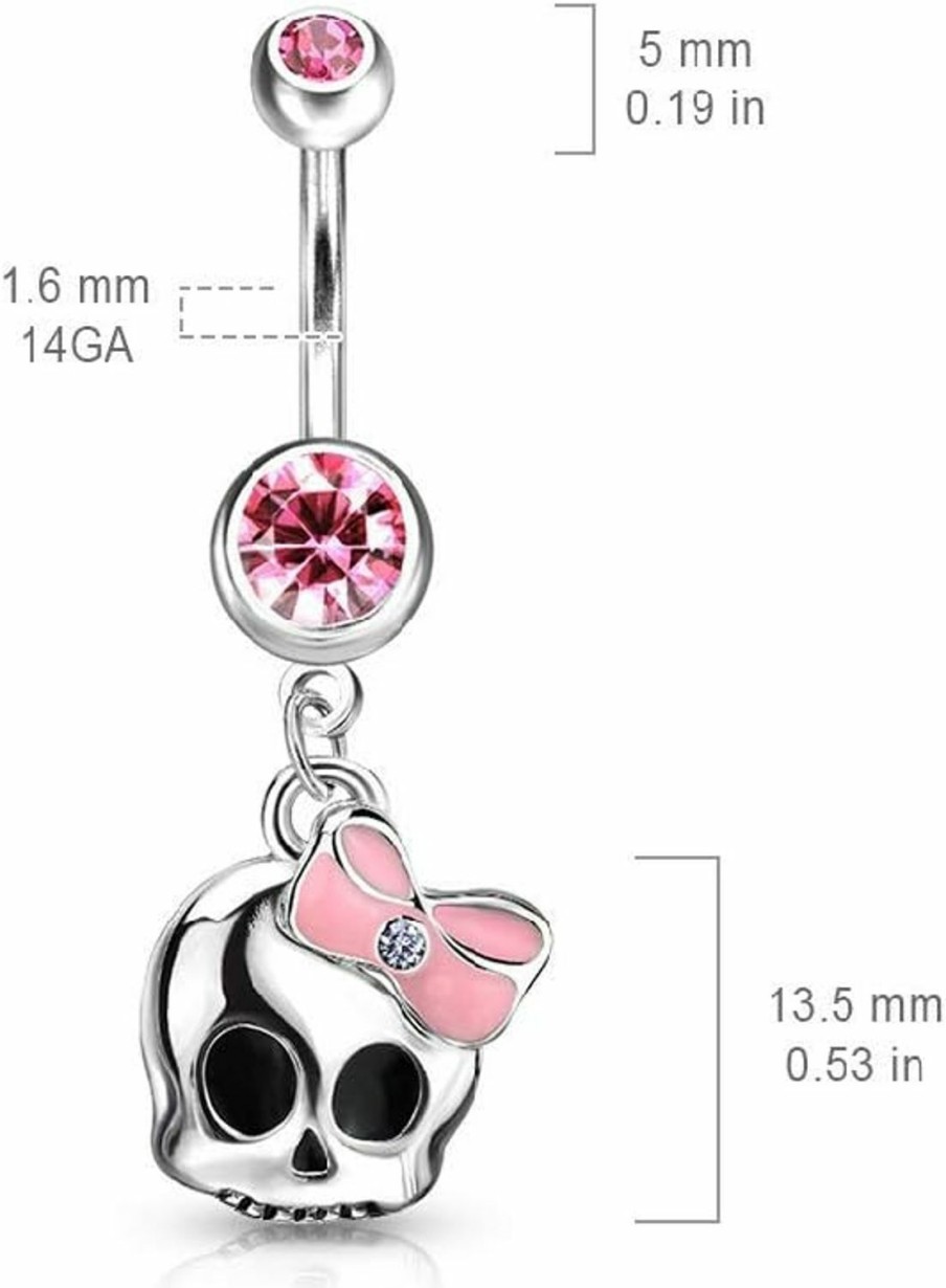 Pierced Owl 14G 316L Surgical Steel Cute Skull With Paved Gem And Epoxy Bow Navel Belly Ring | Body Piercing Barbells