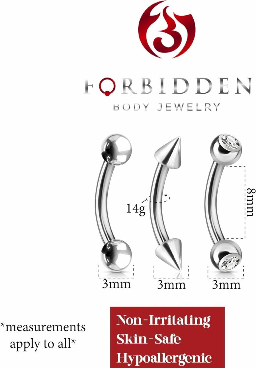 Forbidden Body Jewelry Forbidden Body Jewelry Value Pack 3Pc Surgical Steel Ball/Spike/Crystal Curved Barbells (Pick Gauge/Length) | Body Piercing Barbells