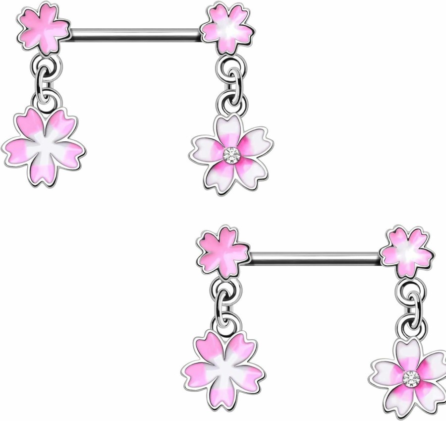 Pierced Owl Pierced Owl 14Ga 316L Stainless Steel Pink Flower Dangling Nipple Barbells, Sold As A Pair | Body Piercing Barbells