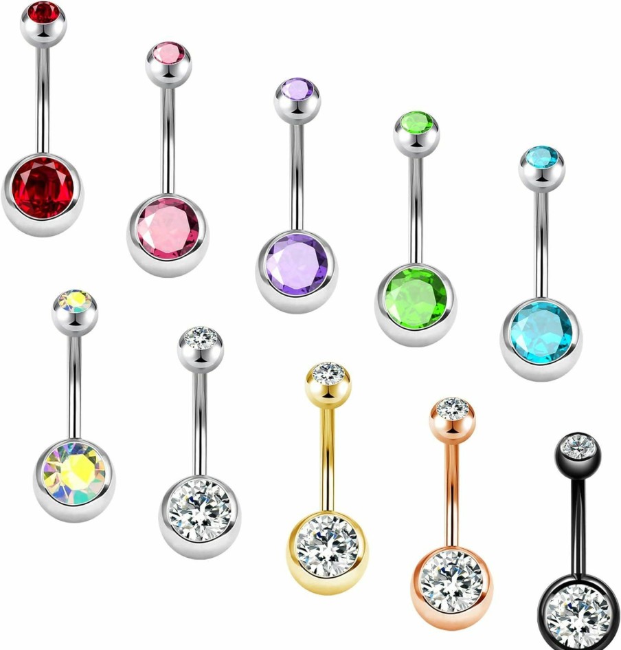 OUFER Oufer Belly Button Rings Pack 14G Surgical Steel Shiny Cz Belly Rings Jewelry Crystal Balls Navel Piercing Jewelry | Body Piercing Barbells