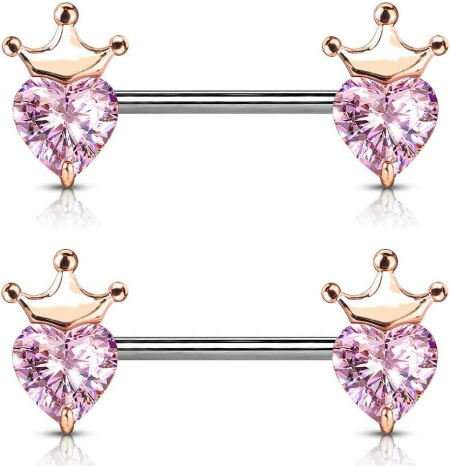 Pierced Owl Pierced Owl - Cz Crystal Heart With Crown Nipple Barbells, Sold As Pair | Body Piercing Barbells