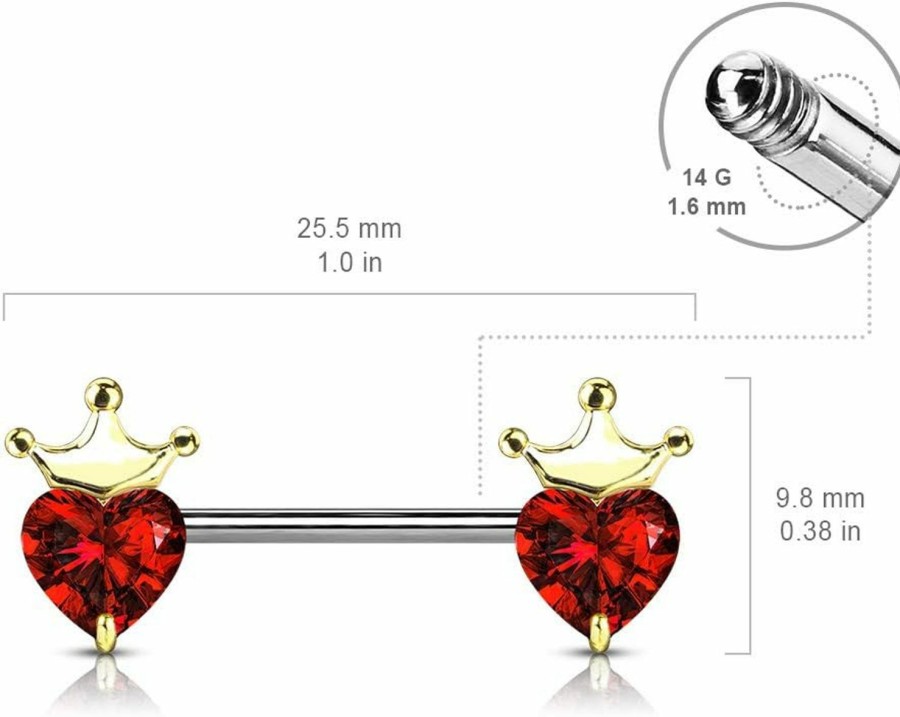 Pierced Owl Pierced Owl - Cz Crystal Heart With Crown Nipple Barbells, Sold As Pair | Body Piercing Barbells