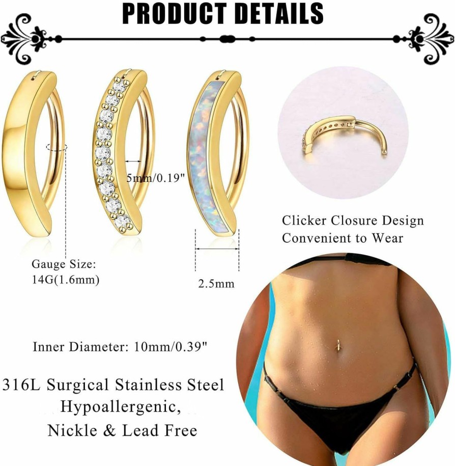 Jstyle Jstyle 3Pcs 14G Clicker Belly Button Ring For Women Gold 316L Surgical Steel Belly Rings Cute Cz Opal Small Hoop Belly Button Rings Simple Reverse Navel Rings Body Belly Piercing Jewelry | Body Piercing Barbells