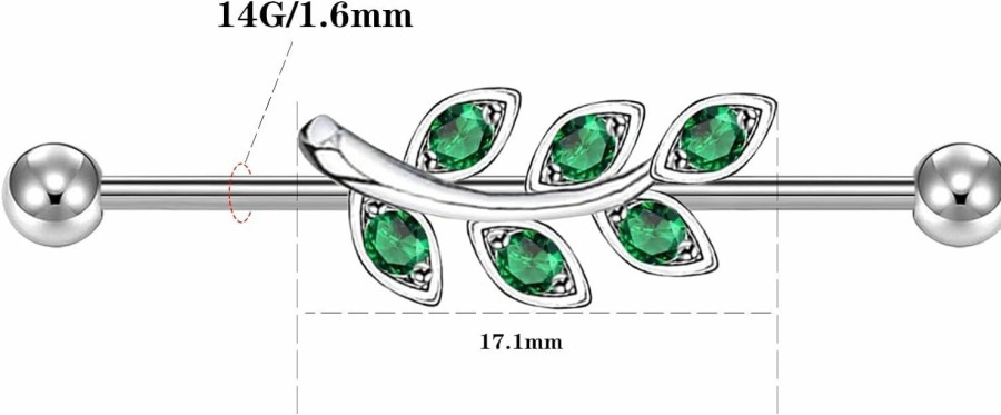 CHARMONLINE Charmonline 14G Leaf 316L Stainless Industrial Barbell Sparkly Cz Ear Industrial Piercing Bar For Women Men | Body Piercing Barbells