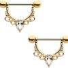 Pierced Owl Pierced Owl 14Ga Gold Plated 316L Stainless Steel Pear Shaped Cz Crystal Filigree Dangling Nipple Barbells, Sold As A Pair | Body Piercing Barbells