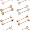 Akeoqi Akeoqi 8 Pairs Nipple Rings Tongue Ring 14G Stainless Steel Cz Ball Heart Butterfly Nipple Straight Barbells Body Piercing Jewelry For Women Men Silver Rose Gold Tone 16Mm | Body Piercing Barbells