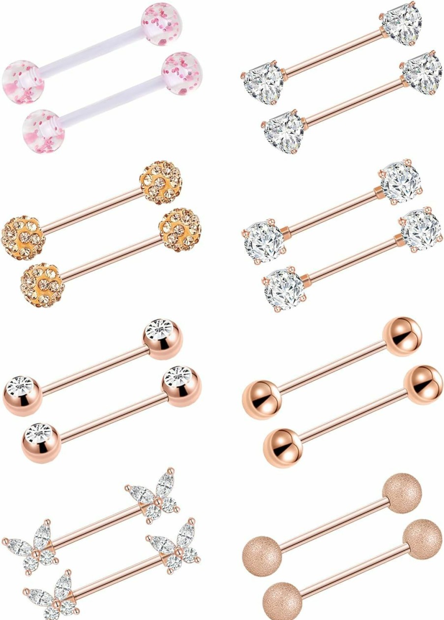 Akeoqi Akeoqi 8 Pairs Nipple Rings Tongue Ring 14G Stainless Steel Cz Ball Heart Butterfly Nipple Straight Barbells Body Piercing Jewelry For Women Men Silver Rose Gold Tone 16Mm | Body Piercing Barbells