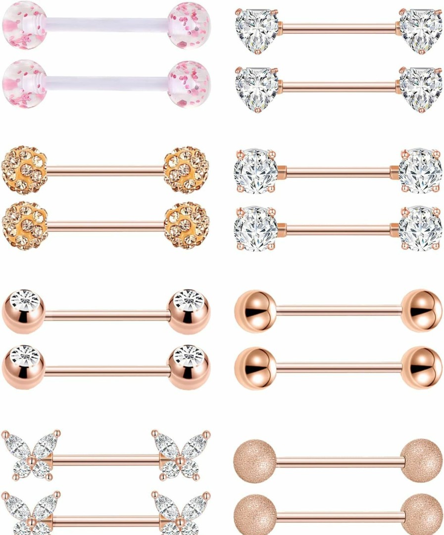 Akeoqi Akeoqi 8 Pairs Nipple Rings Tongue Ring 14G Stainless Steel Cz Ball Heart Butterfly Nipple Straight Barbells Body Piercing Jewelry For Women Men Silver Rose Gold Tone 16Mm | Body Piercing Barbells