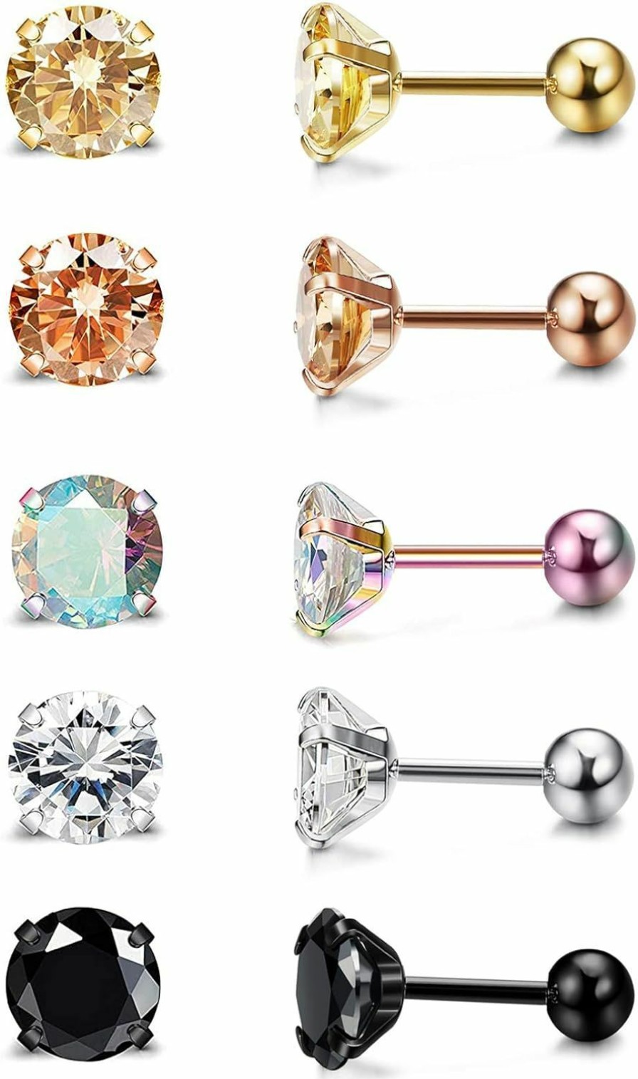 LOYALLOOK Loyallook 5 Pairs Stainless Steel Cubic Zirconia Stud Earring Ear Piercings For Women 5 Colors 4-8Mm | Body Piercing Barbells