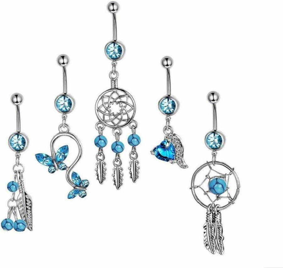 XIGUA MELON Xigua Melon 5Pcs Female Button Navel Ring, 316L Medical Steel Body Piercing Dream Catcher Belly Button Set | Body Piercing Barbells