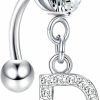 FIBO STEEL Fibo Steel 14G Dangle Belly Button Rings With Initials, Cubic Zirconia Reverse Navel Rings For Women, Surgical Steel Letter Top Down Navel Ring Belly Piercing Jewelry | Body Piercing Barbells