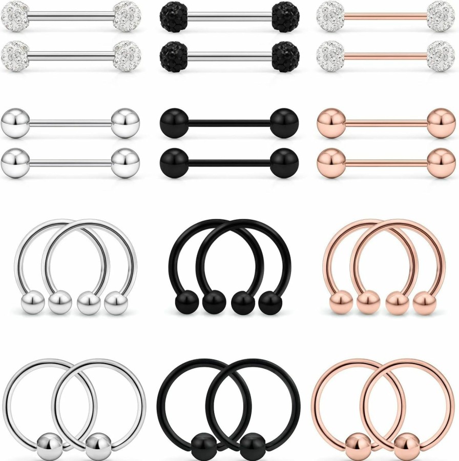 Lcolyoli Lcolyoli 16G 14G Nipple Rings Surgical Steel Nipple Piercing Jewelry Set Horseshoe Barbell & Captive Bead Rings Nipple Hoop Nipple Barbell Bars For Women | Body Piercing Barbells