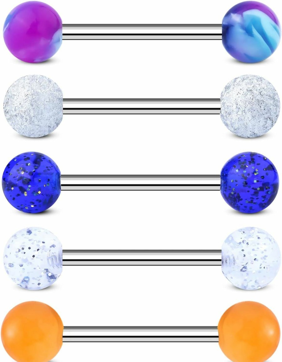 COCHARM Cocharm 5Pcs 14G Acrylic Resin Tongue Rings Blue Purple Marble Tongue Barbells Cute Ocean Blue Tongue Piercing Jewelry | Body Piercing Barbells