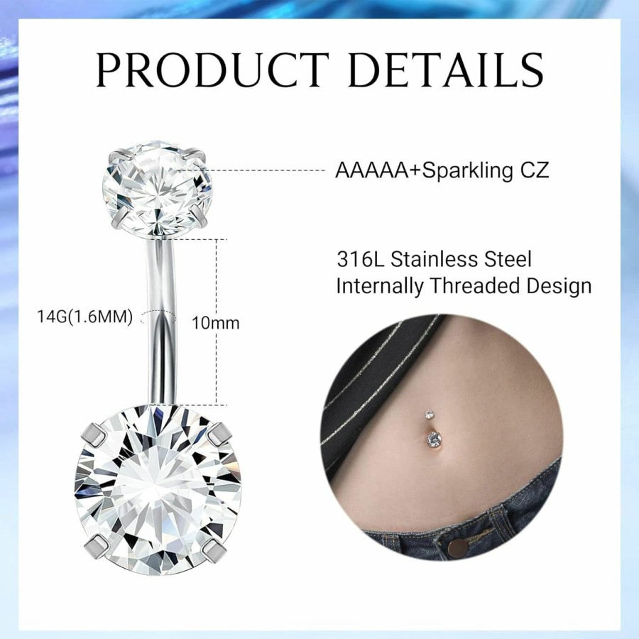 FIASASO Fiasaso 14G Surgical Steel G23 Titanium Sterling Silver 14K Gold Belly Button Rings For Women Round Cubic Zirconia Navel Barbell Stud Hypoallergenic Body Piercing Jewelry | Body Piercing Barbells