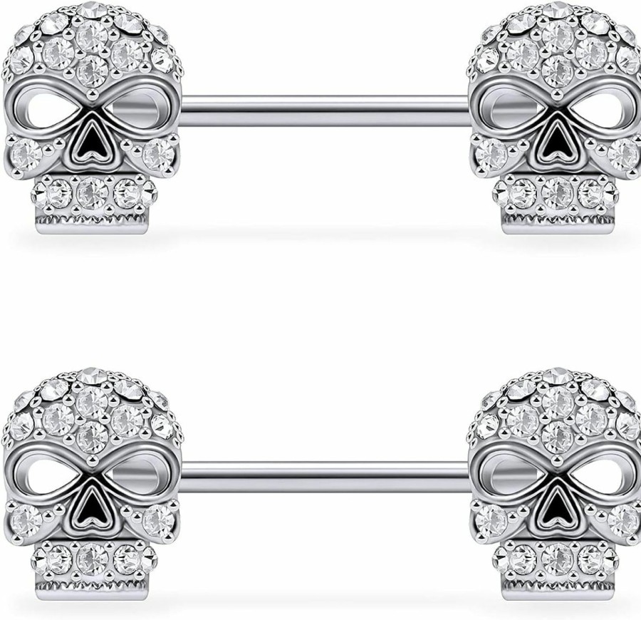 Lcolyoli Lcolyoli 316L Stainless Steel Nipple Rings Barbell Crystal Skull Piercing Nipple Piercing Jewelry For Women Men | Body Piercing Barbells