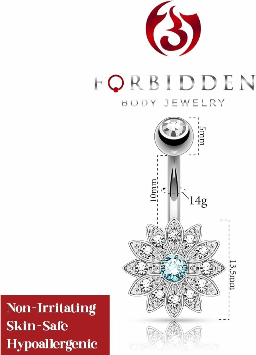 Forbidden Body Jewelry Forbidden Body Jewelry Surgical Steel Crystal Paved Petite Flower Belly Ring With Crystal Center | Body Piercing Barbells