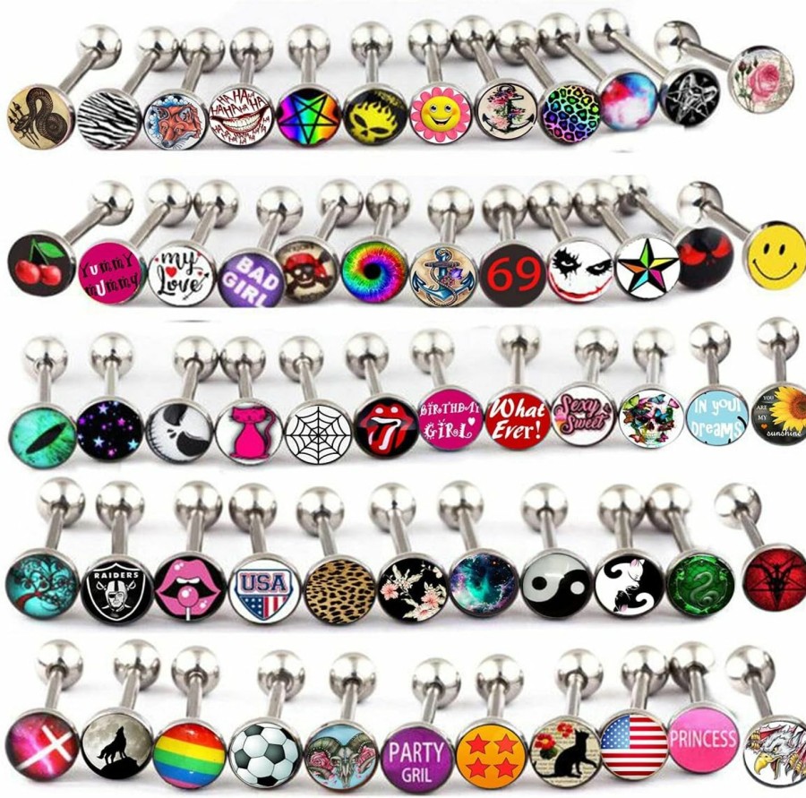 Suotarn 50-100Pcs Surgical Steel Fancy Words Tongue Ring Logo Barbell Bars 14 Gauge Tongue Piercing Lot 5/8\" | Body Piercing Barbells