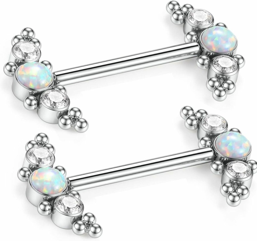 GAGABODY Gagabody Pair 14G Nipple Rings G23 Titanium Internally Threaded Nipple Barbells 12Mm-18Mm Bridge Piercing Jewelry Straight Nipple Bar For Women Men Nipple Piercing Jewelry With Cz/Opal | Body Piercing Barbells