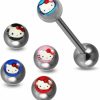 Tongue Barbells One Full Set Logo Tongue Bar With Free!!! 4 Pices Interchange Hello Kitty Logo Ball Tongue Piercing Jewelry | Body Piercing Barbells