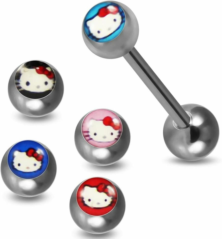 Tongue Barbells One Full Set Logo Tongue Bar With Free!!! 4 Pices Interchange Hello Kitty Logo Ball Tongue Piercing Jewelry | Body Piercing Barbells