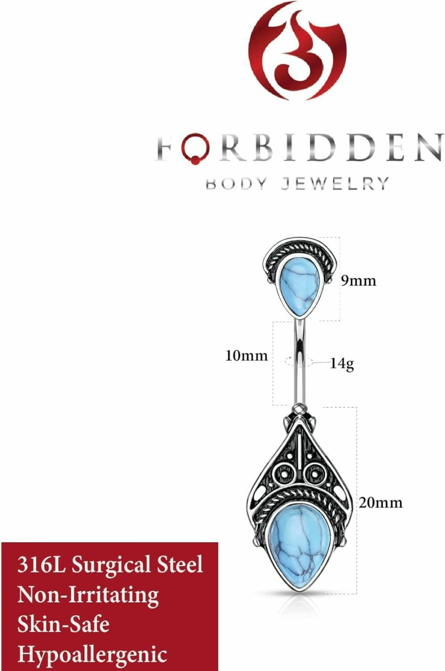 Forbidden Body Jewelry Forbidden Body Jewelry Surgical Steel Tribal Vintage Filigree Belly Button Ring With Faux Semi-Precious Stones | Body Piercing Barbells