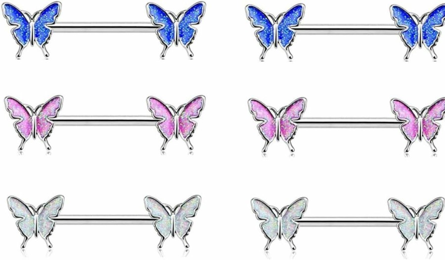 COLORFUL BLING 3 Pcs Set Butterfly Nipple Barbell 14G Colorful Charming Nipple Piercing Animals Jewelry Nipple Ring Bar Body Piercing Jewelry For Women Girls | Body Piercing Barbells