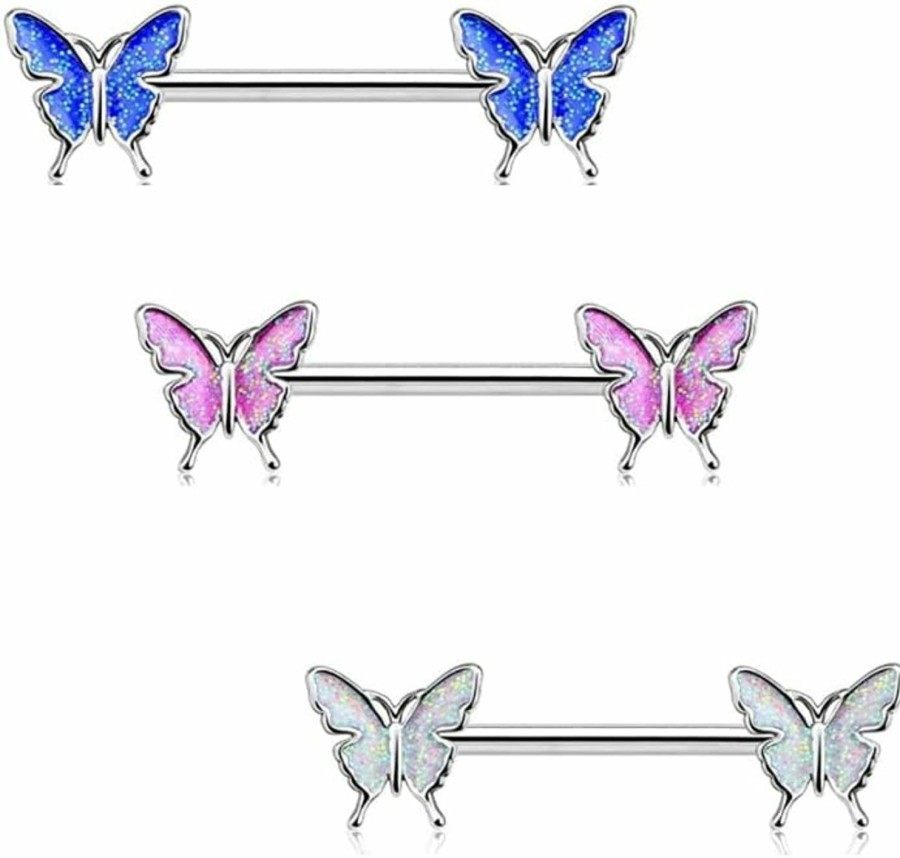 COLORFUL BLING 3 Pcs Set Butterfly Nipple Barbell 14G Colorful Charming Nipple Piercing Animals Jewelry Nipple Ring Bar Body Piercing Jewelry For Women Girls | Body Piercing Barbells