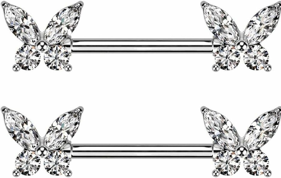 Pierced Owl Pierced Owl 14Ga 316L Stainless Steel Cz Crystal Butterfly Ends Nipple Barbells, Sold As A Pair | Body Piercing Barbells