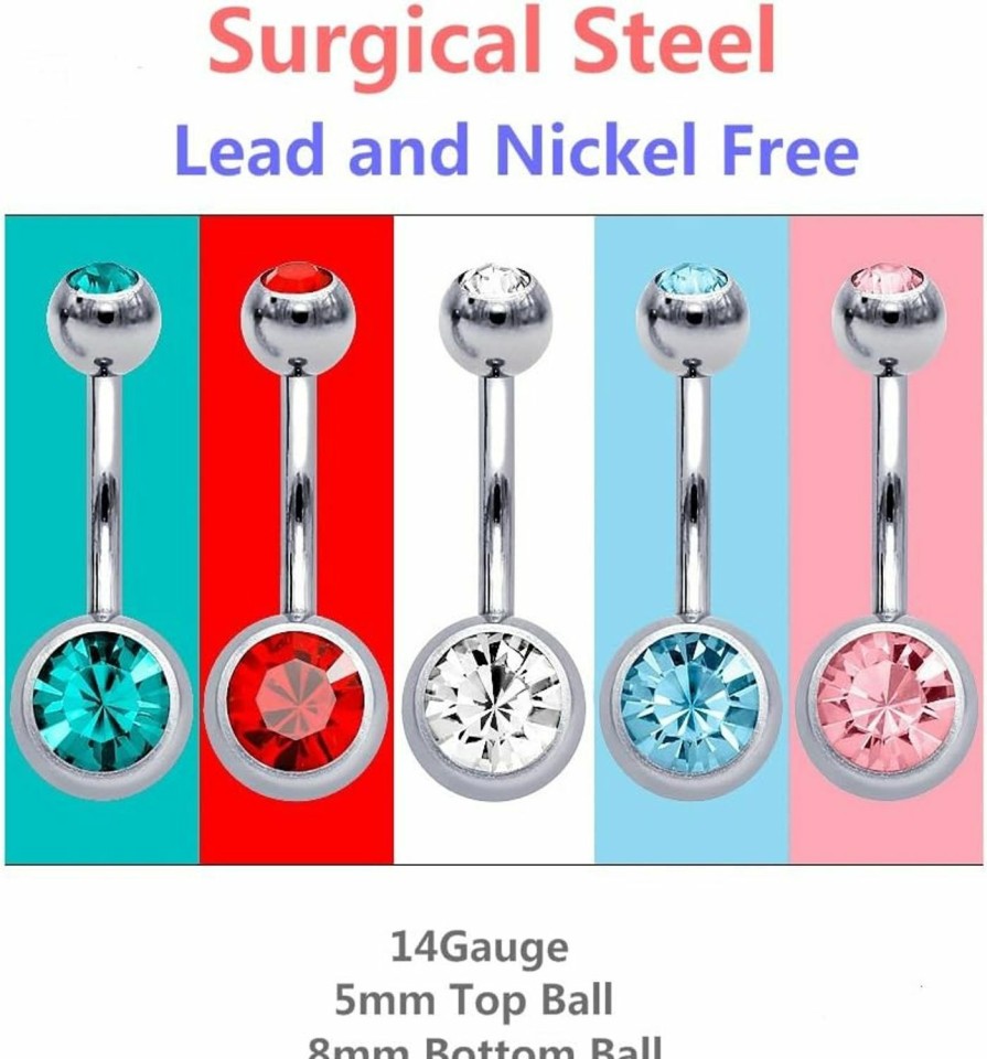 Ghome 15 Pcs Assorted Colors Belly Button Ring Surgical Steel Hypoallergenic Lead And Nickel Free,14 Gauge Navel Piercing Body Jewelry (15 Pcs:Steel Ball) | Body Piercing Barbells