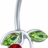 Bling Jewelry Red Crystal Double Cherry Branch Bar Navel Belly Ring For Women 316L Stainless Steel 14 Gauge | Body Piercing Barbells