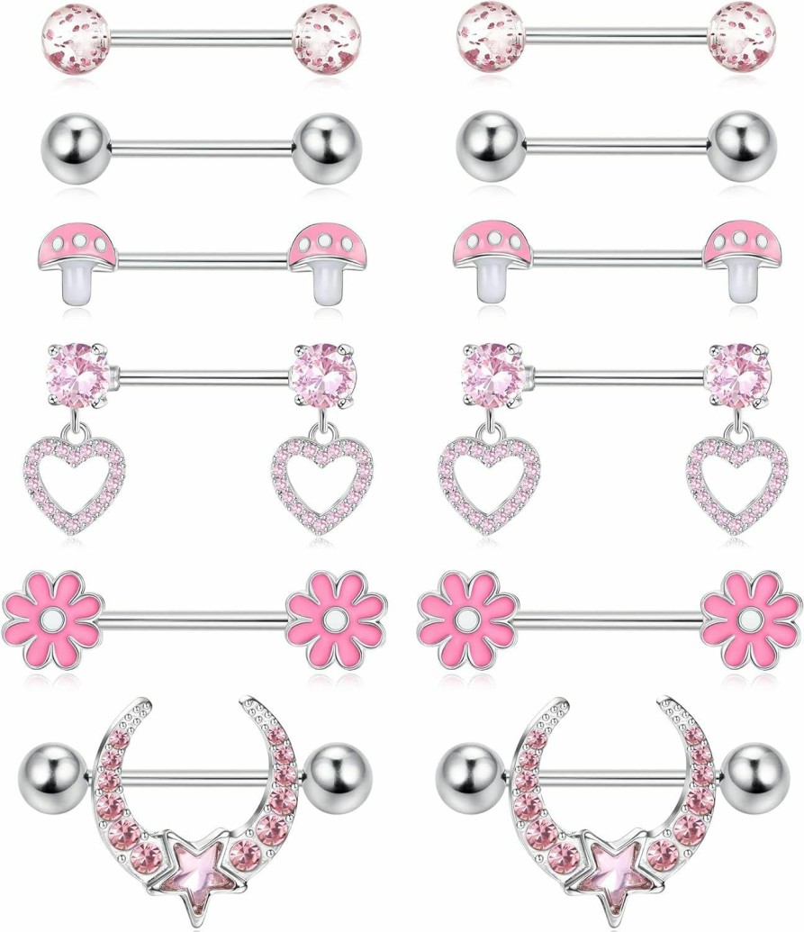 Amazon Sanfenly 14G Nipple Rings For Women Nipple Piercing Jewelry Stainless Steel Hypoallergenic Heart Moon Star Daisy Flower Mushroom Nipple Barbells | Body Piercing Barbells