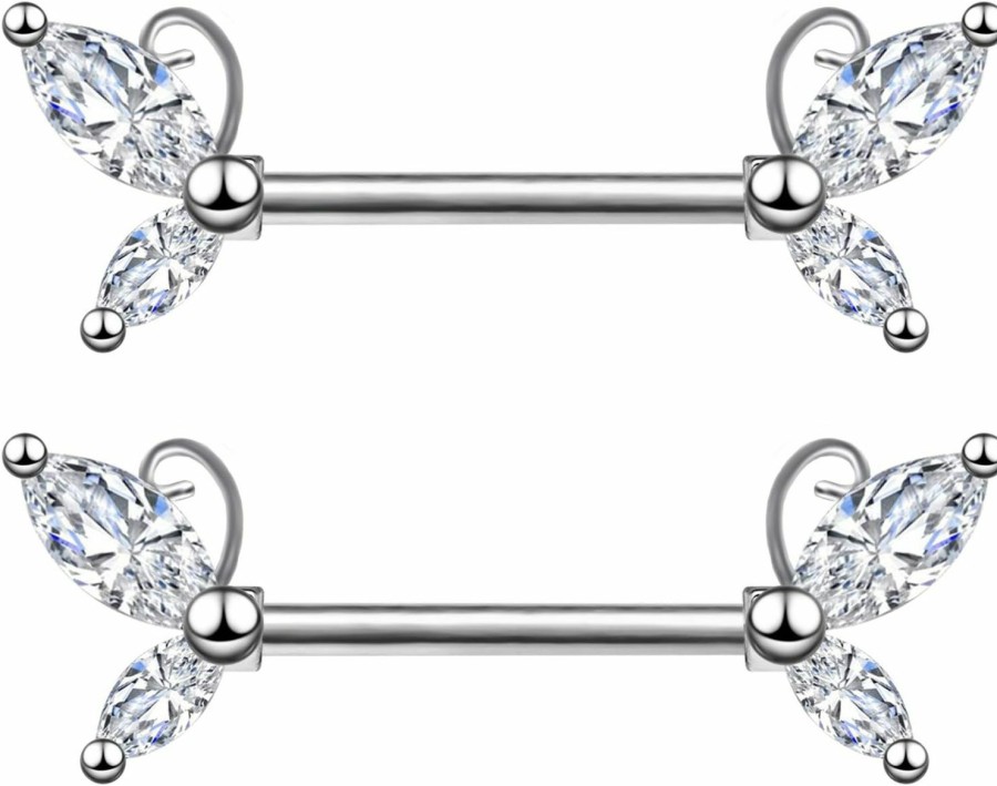 CHARM ONLINE Charm Online 2Pcs 14G 316L Stainless Steel Clear Butterfly Cz Nipple Rings Barbell Crystal Nipple Piercings Jewelry For Women | Body Piercing Barbells