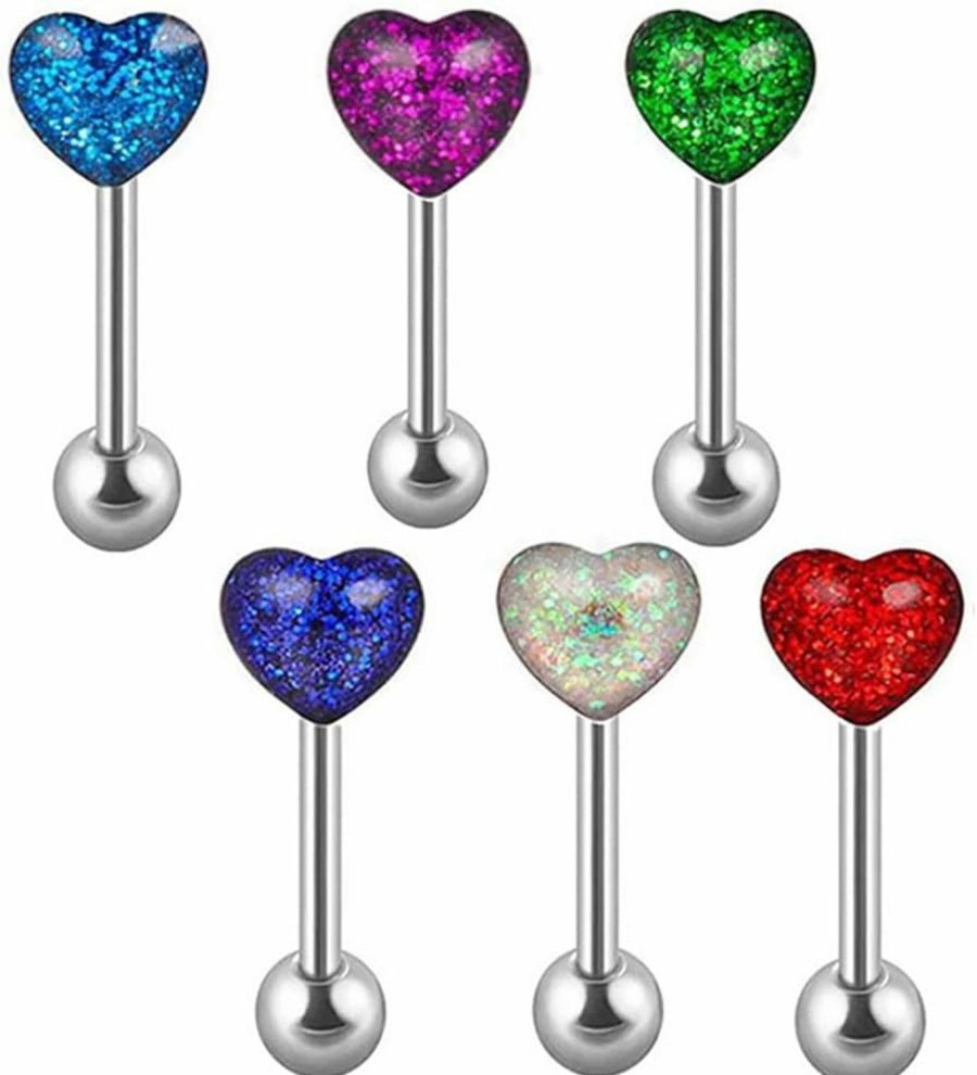 Niaspi Niaspi 6Pcs Heart Surgical Steel 14G 16Mm Tongue Ring Fasionable Glitter Assorted Colors Barbell Tongue Cartilage Tragus Studs Rings Body Piercing Jewelry | Body Piercing Barbells