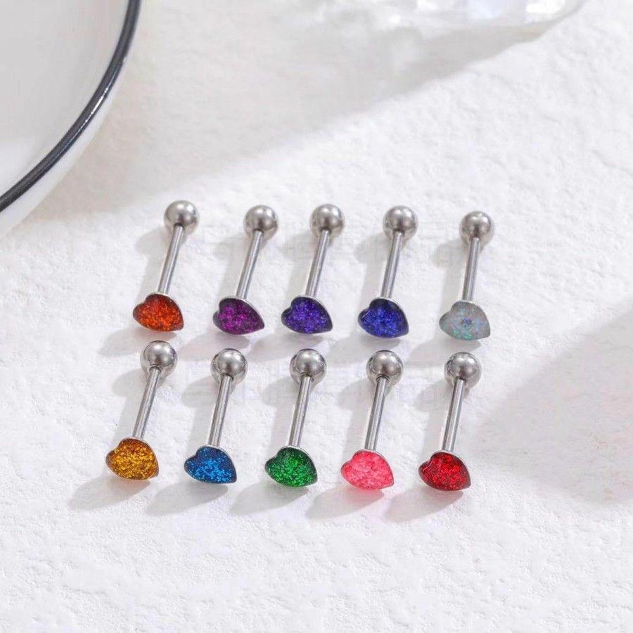 Niaspi Niaspi 6Pcs Heart Surgical Steel 14G 16Mm Tongue Ring Fasionable Glitter Assorted Colors Barbell Tongue Cartilage Tragus Studs Rings Body Piercing Jewelry | Body Piercing Barbells