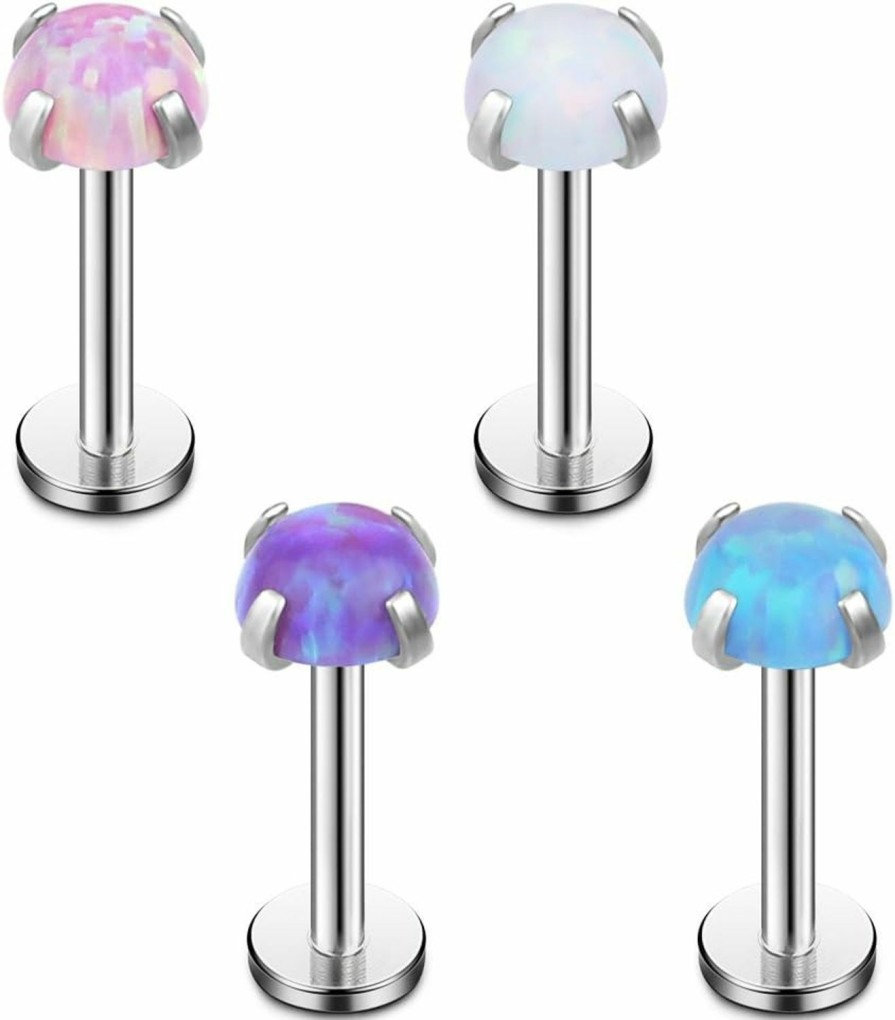 Ruifan Ruifan 2Mm 3Mm 4Mm Opal Internally Threaded Stainless Steel Labret Monroe Lip Ring Tragus Helix Earring Stud 16G 1/4\" 6Mm 4Pcs | Body Piercing Barbells