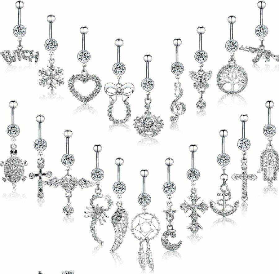 Junkin Junkin 20 Pcs 14G Dangle Belly Button Ring, Dangling 316L Surgical Steel Navel Rings Cubic Zirconia Belly Piercing Jewelry Women'S Body Piercing Barbells | Body Piercing Barbells