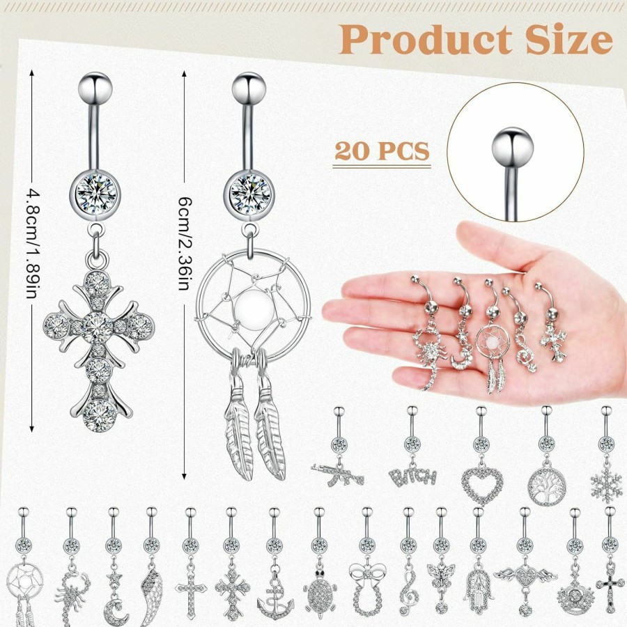 Junkin Junkin 20 Pcs 14G Dangle Belly Button Ring, Dangling 316L Surgical Steel Navel Rings Cubic Zirconia Belly Piercing Jewelry Women'S Body Piercing Barbells | Body Piercing Barbells