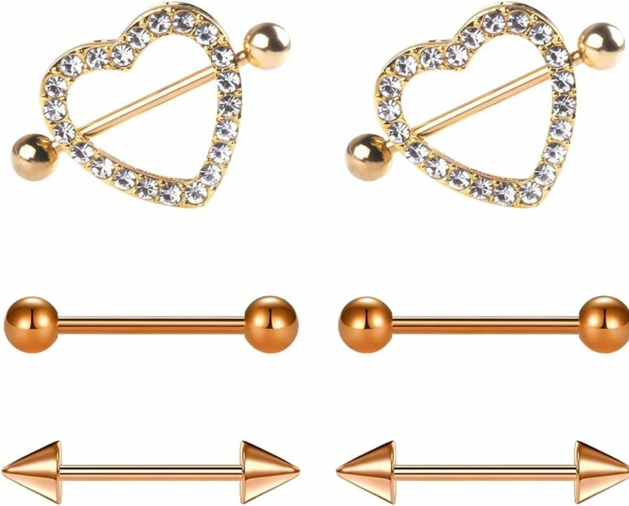 sutify Sutify 3 Pairs Nipple Rings Heart Shaped Nipple Jewelry 316L Surgical Steel Barbell Ring Bar Nipplerings Body Piercing Jewelry For Women Men 14G Rhinestone Nipple Studs | Body Piercing Barbells