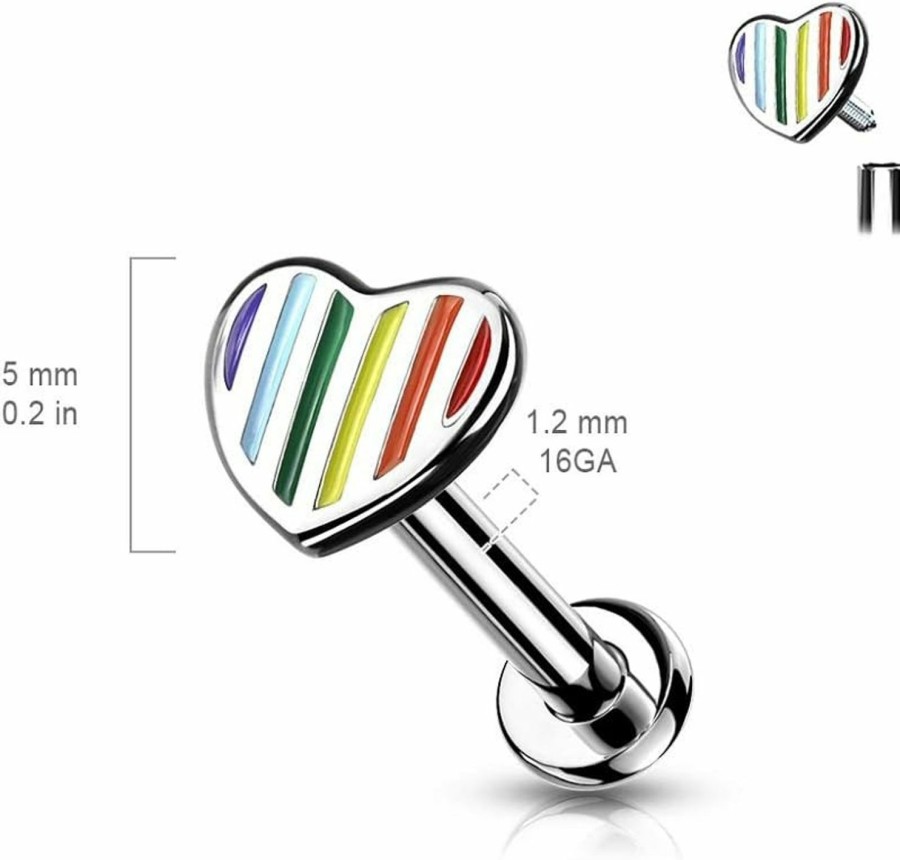 Pierced Owl Pierced Owl - 16Ga Stainless Steel Internally Threaded Rainbow Striped Heart Top Flat Back Lip Cartilage Tragus Stud | Body Piercing Barbells