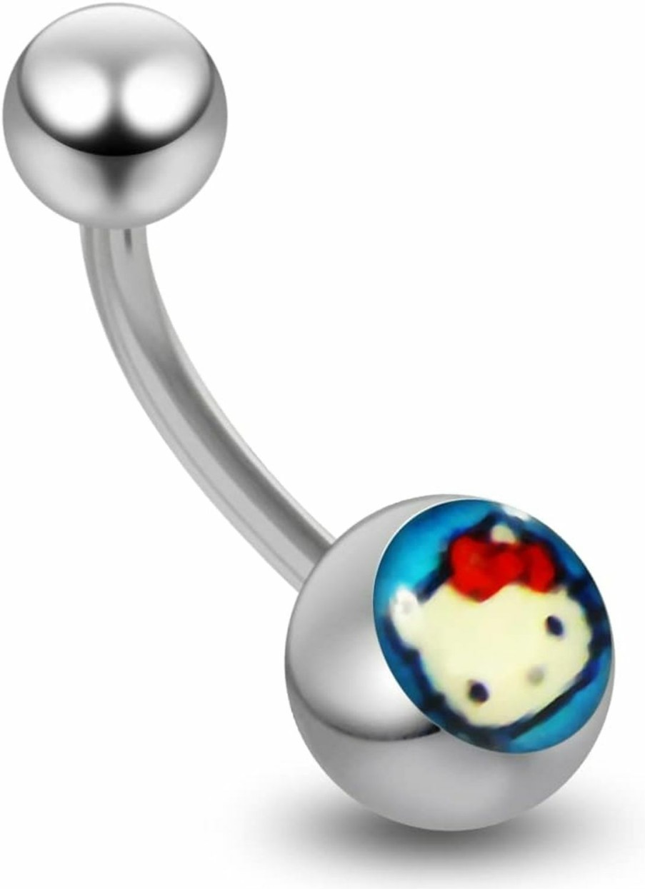 Curved Barbells Hello Kitty Logo On Light Blue Background Belly Ring | Body Piercing Barbells