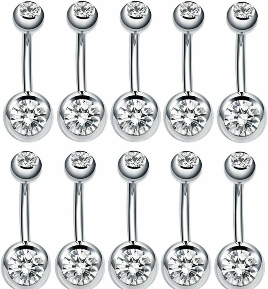 CrazyPiercing Crazypiercing 10Pcs 316L Surgical Grade Steel Rhinestone Belly Button Navel Ring Bar 23X8Mm | Body Piercing Barbells