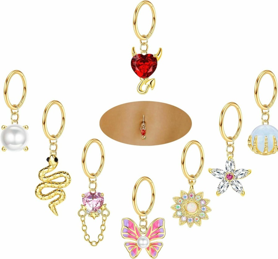 JOERICA Joerica 14G Clicker Belly Button Ring Hoop 316L Surgical Steel Dangle Belly Button Rings Butterfly Snake Evil Eye Heart Cz Dangling Navel Rings Hoop Clicker Hinged Segment Belly Ring Hoop Gold Silver Tone 10Mm | Body Piercing Barbells