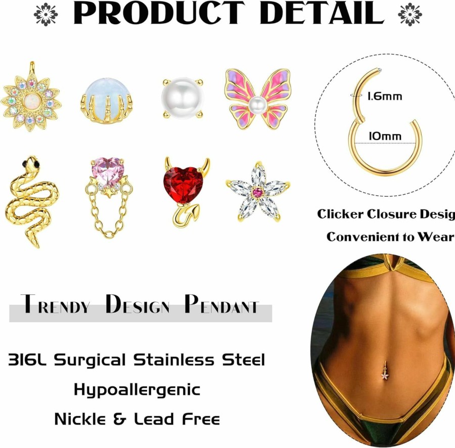 JOERICA Joerica 14G Clicker Belly Button Ring Hoop 316L Surgical Steel Dangle Belly Button Rings Butterfly Snake Evil Eye Heart Cz Dangling Navel Rings Hoop Clicker Hinged Segment Belly Ring Hoop Gold Silver Tone 10Mm | Body Piercing Barbells